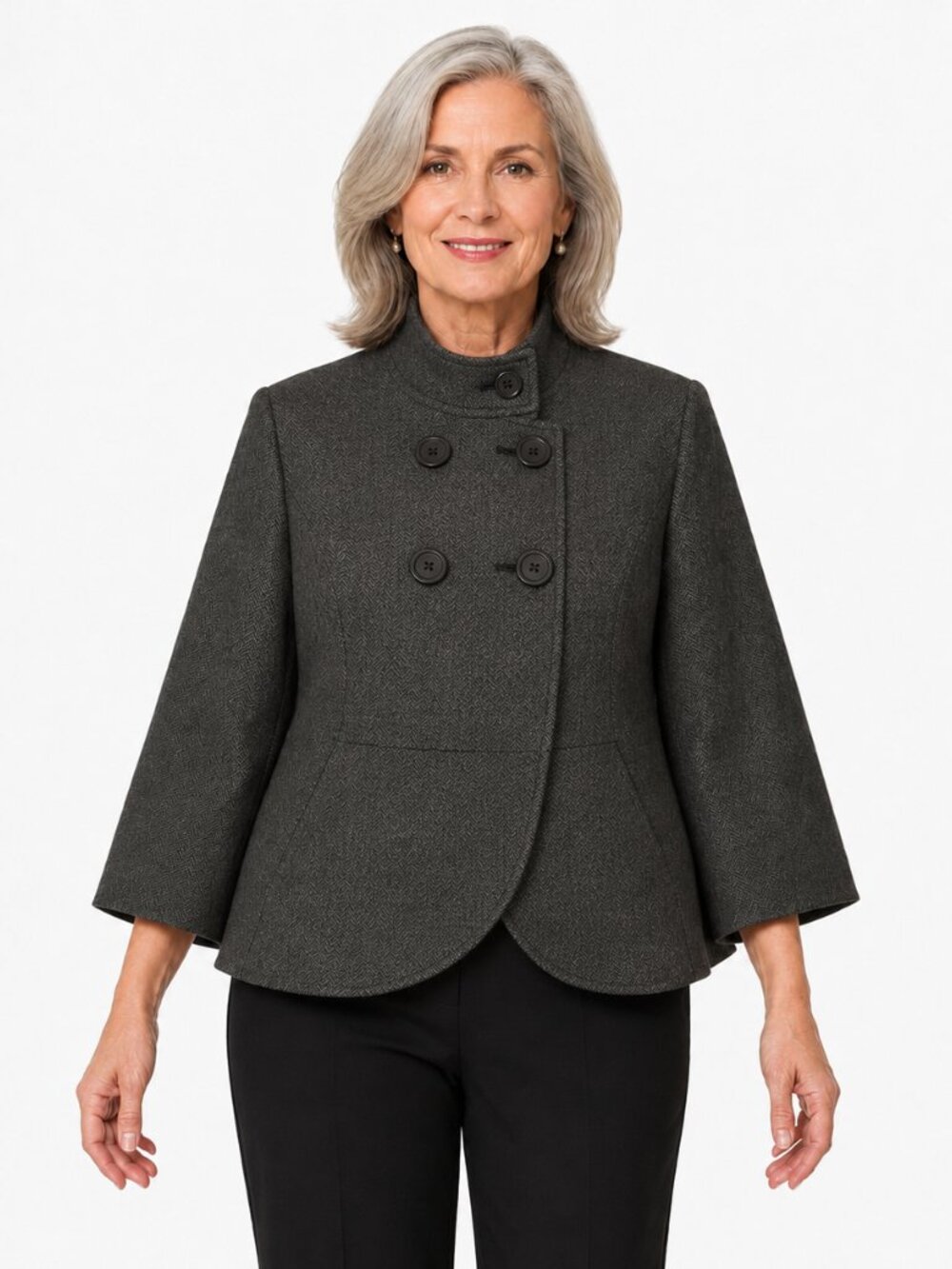 Larry Levine Charcoal Herringbone Double Breasted 3/4 Sleeve Swing Blazer Sz 8